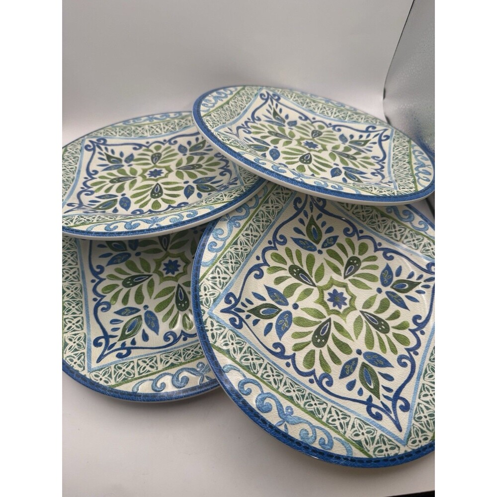 Set of 4 9” Blue Green Floral Melamine Plates Decorative Mediterranean Style